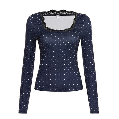 Dotted Slim-Fit Tee with Lace Trim and Scoop Neck