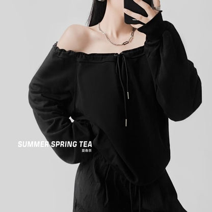Off-Shoulder Pullover with Drawstring Detail