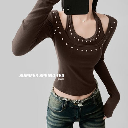 Slim-Fit Studded Cold-Shoulder Crop Tee with Mock Two-Piece Long-Sleeve Design