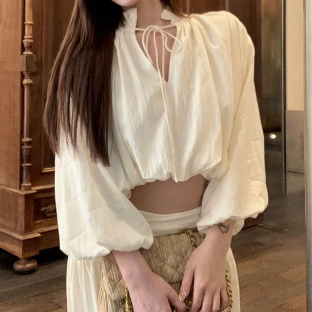 Cropped Blouse with Long Sleeves and V-Neck, Paired with High-Rise Wide-Leg Pants