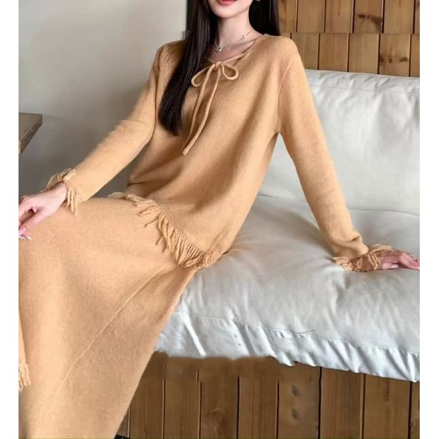 V-Neck Fringed Knit Top & High Rise Slit Midi Skirt Set