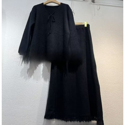 V-Neck Fringed Knit Top & High Rise Slit Midi Skirt Set