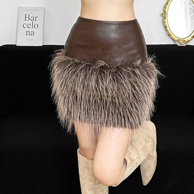Faux Leather Furry Trim Mini Pencil Skirt