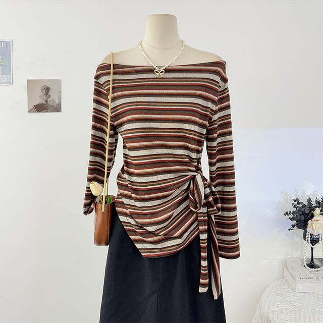 Striped Off-Shoulder Tie-Waist Fitted Tee