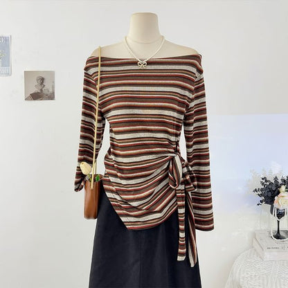 Striped Off-Shoulder Tie-Waist Fitted Tee