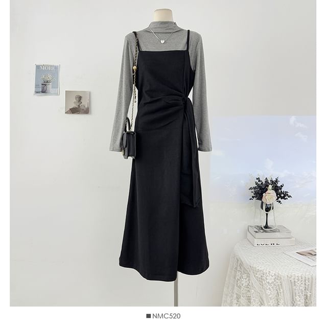 Set: Long Sleeve Mock Neck Plain T-Shirt + Spaghetti Strap Tie-Waist Midi A-Line Dress