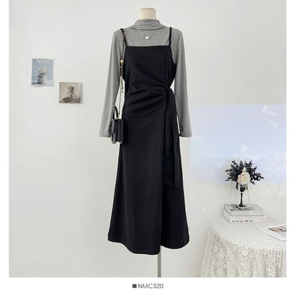 Set: Long Sleeve Mock Neck Plain T-Shirt + Spaghetti Strap Tie-Waist Midi A-Line Dress