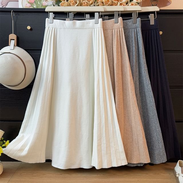 Solid Midi Pleated A-Line Skirt