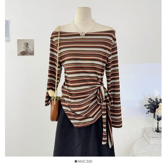 Striped Off-Shoulder Tie-Waist Fitted Tee