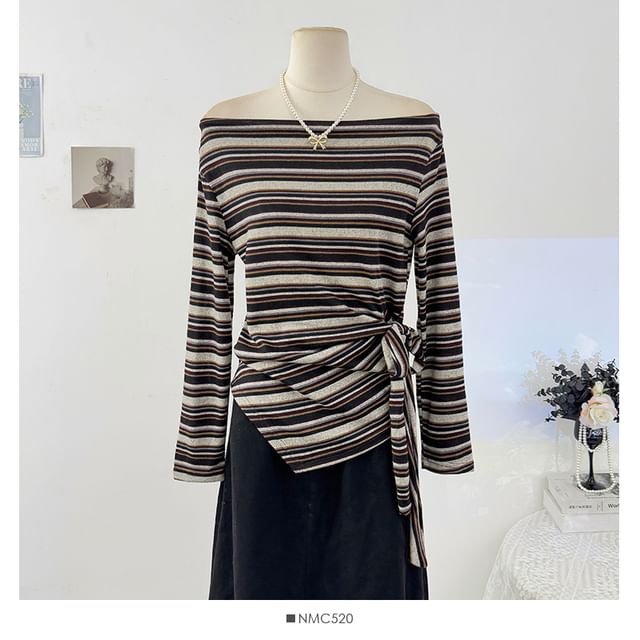Striped Off-Shoulder Tie-Waist Fitted Tee