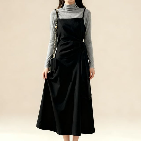 Set: Long Sleeve Mock Neck Plain T-Shirt + Spaghetti Strap Tie-Waist Midi A-Line Dress