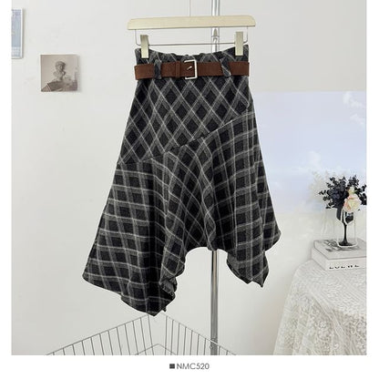 Plaid Asymmetric Hem Midi A-Line Skirt