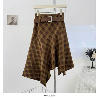 Plaid Asymmetric Hem Midi A-Line Skirt