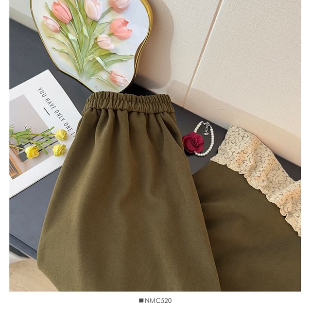 High Waist Lace Trim Ruffle Hem Maxi Skirt