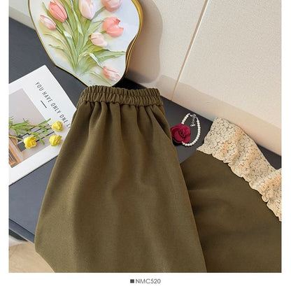 High Waist Lace Trim Ruffle Hem Maxi Skirt