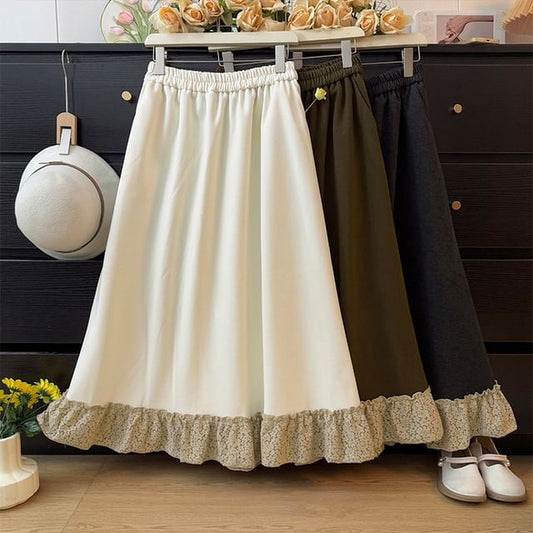 High Waist Lace Trim Ruffle Hem Maxi Skirt