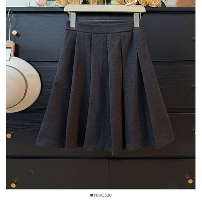 High Rise Solid Midi Pleated A-Line Skirt