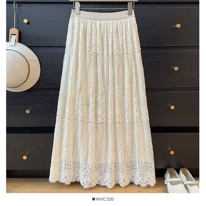Lace Maxi A-Line Skirt with High Waist