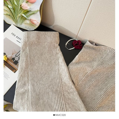 High Rise Ribbed Knit Maxi A-Line Skirt