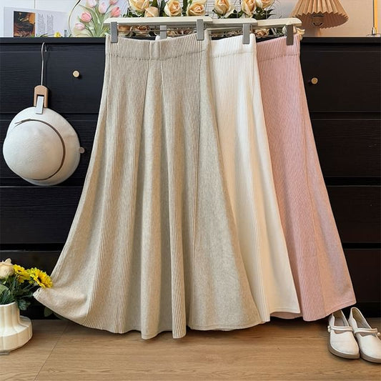 High Rise Ribbed Knit Maxi A-Line Skirt