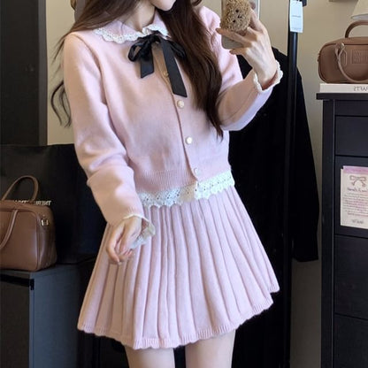 Set: Collared Button-Up Cardigan & Pleated Mini Skirt