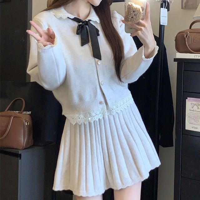 Set: Collared Button-Up Cardigan & Pleated Mini Skirt