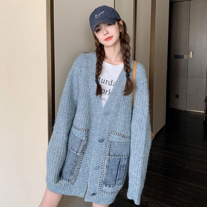V-Neck Plain Washed Denim Button Long Cardigan