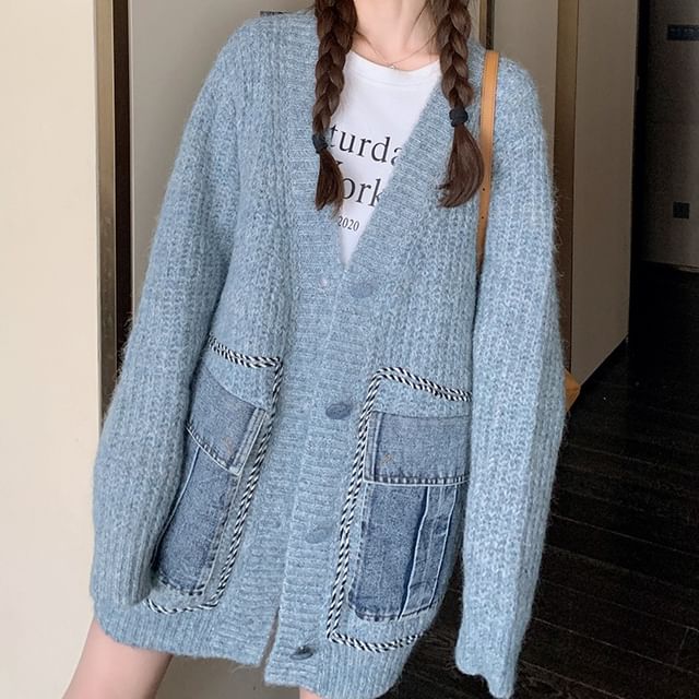 V-Neck Plain Washed Denim Button Long Cardigan