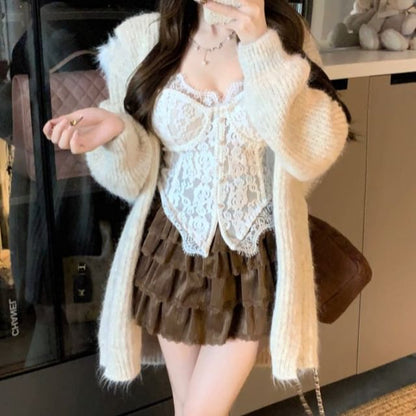 Fluffy Trim Hooded Cardigan & Lace Crop Camisole & Lace Trim Mini Skirt Set