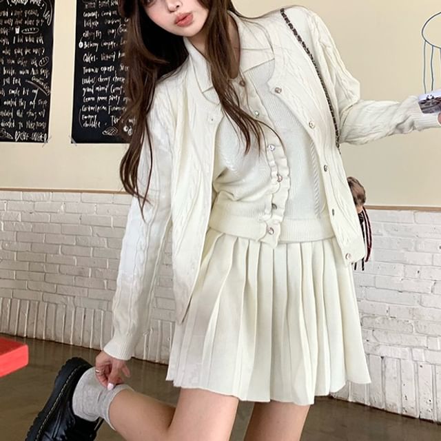 Sleeveless Frill Trim Crop Top & Cable Knit Cardigan & Pleated Mini Skirt Set