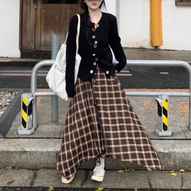 Crew Neck Button-Up Cardigan & Plaid Midi A-Line Skirt Set