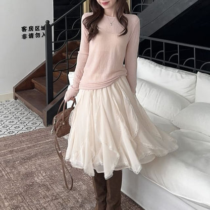Long-Sleeve Sheer Tee & Lace Trim Ruffle Midi A-Line Skirt Set