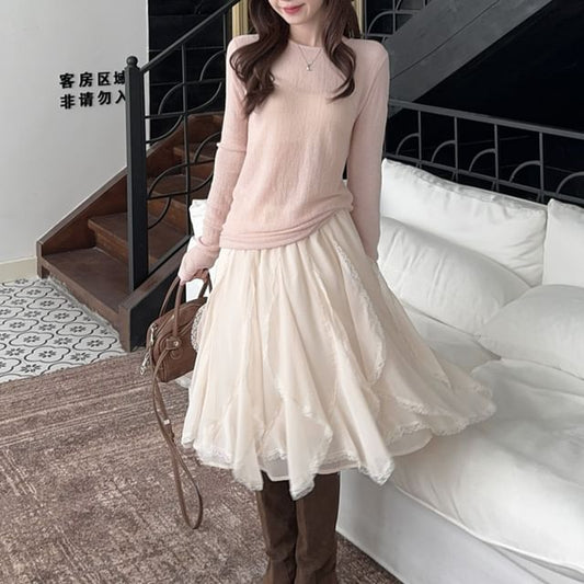 Long-Sleeve Sheer Tee & Lace Trim Ruffle Midi A-Line Skirt Set