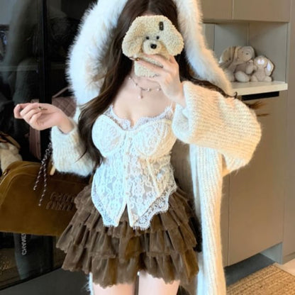 Fluffy Trim Hooded Cardigan & Lace Crop Camisole & Lace Trim Mini Skirt Set