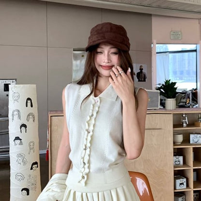 Sleeveless Frill Trim Crop Top & Cable Knit Cardigan & Pleated Mini Skirt Set
