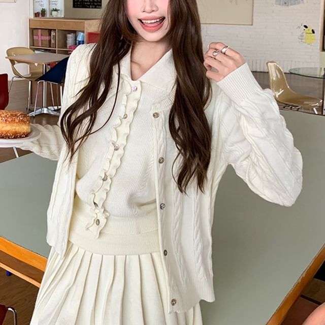 Sleeveless Frill Trim Crop Top & Cable Knit Cardigan & Pleated Mini Skirt Set