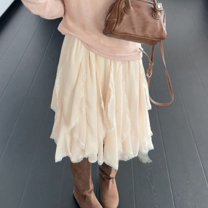 Long-Sleeve Sheer Tee & Lace Trim Ruffle Midi A-Line Skirt Set