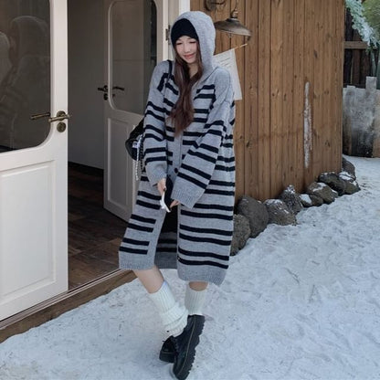 Striped Hooded Midi Cardigan