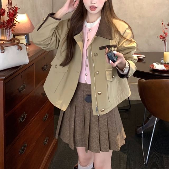 Contrast Collar Barn Jacket & Pleated Mini A-Line Skirt