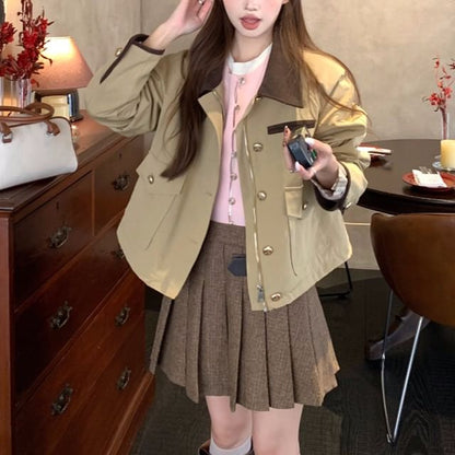 Contrast Collar Barn Jacket & Pleated Mini A-Line Skirt