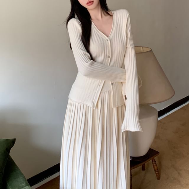 V-Neck Ribbed Button Knit Top & Midi A-Line Knit Skirt Set