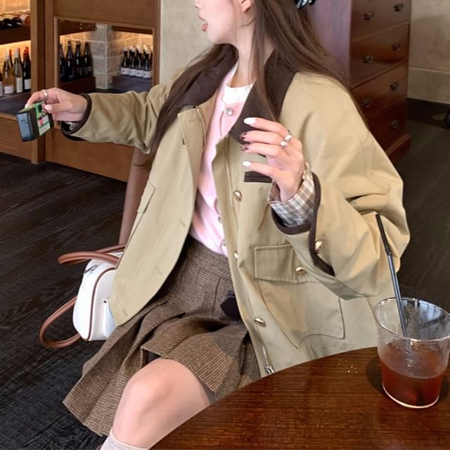 Contrast Collar Barn Jacket & Pleated Mini A-Line Skirt