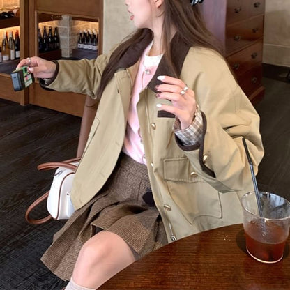Contrast Collar Barn Jacket & Pleated Mini A-Line Skirt