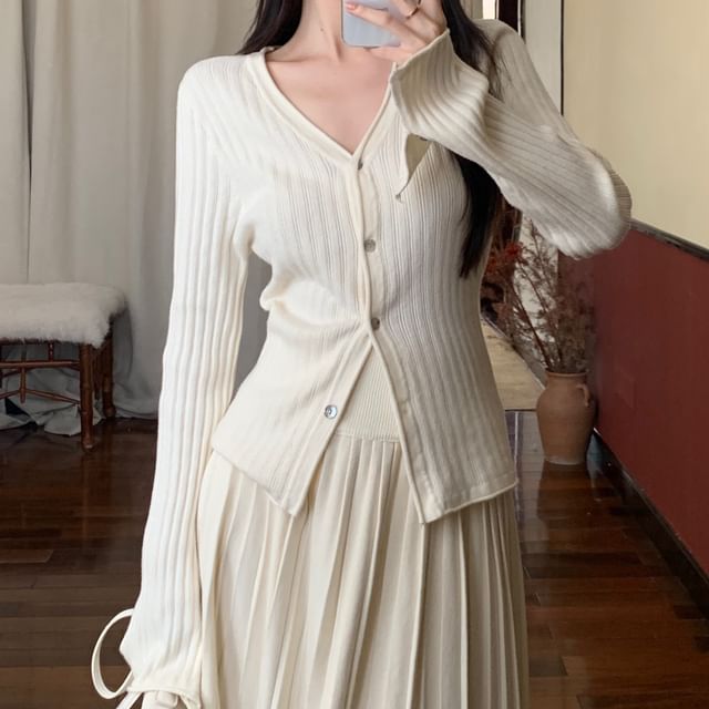 V-Neck Ribbed Button Knit Top & Midi A-Line Knit Skirt Set