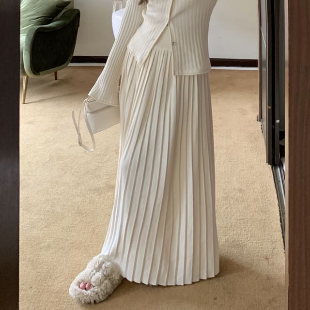 V-Neck Ribbed Button Knit Top & Midi A-Line Knit Skirt Set