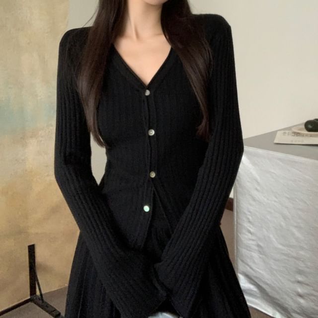 V-Neck Ribbed Button Knit Top & Midi A-Line Knit Skirt Set