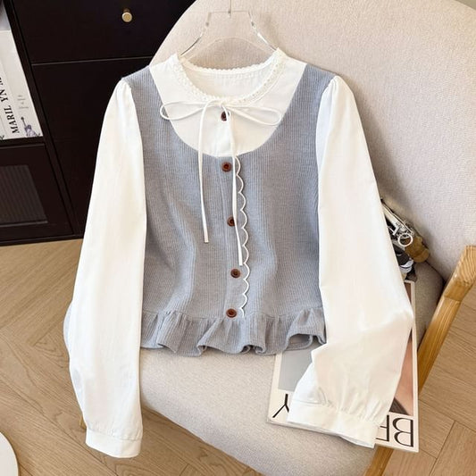Plaid Panel Ruffle-Trim Round-Neck Long-Sleeve Blouse