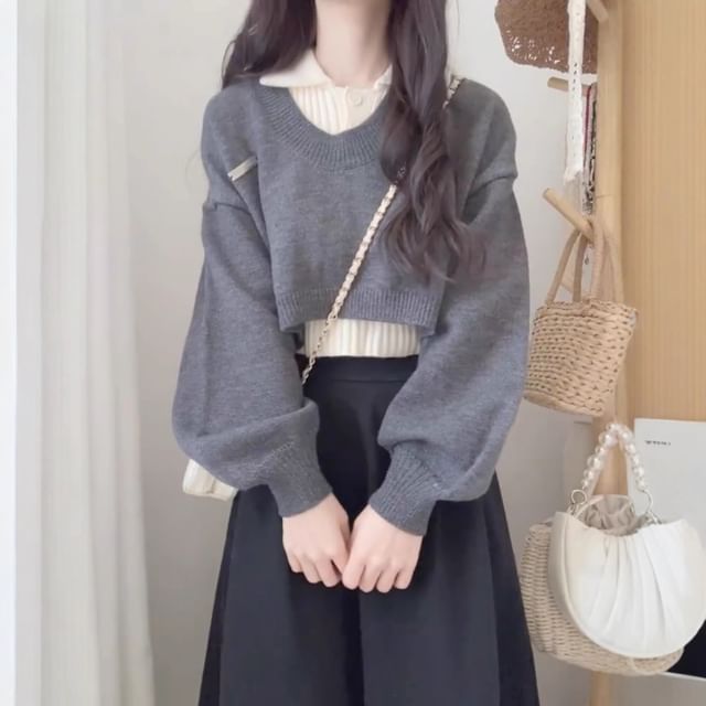 Set: V-Neck Cropped Solid Sweater + Sleeveless Knit Polo