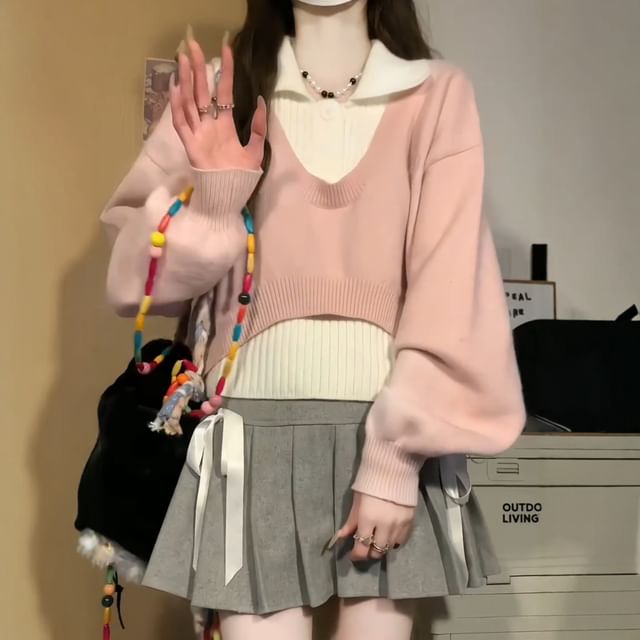 Set: V-Neck Cropped Solid Sweater + Sleeveless Knit Polo
