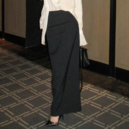 Long-Sleeve V-Neck Blouse & Striped Slit Maxi Pencil Skirt